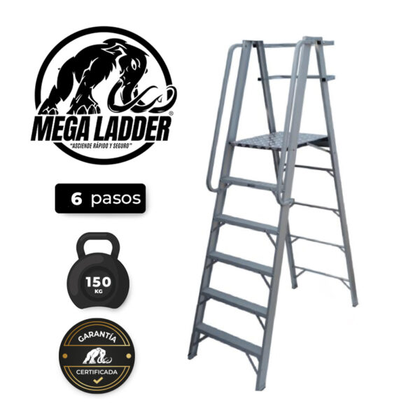 Escalera Plataforma de Aluminio 6 pasos C/Carga 150Kg MegaLadder