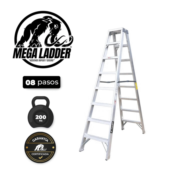 Escalera Doble Acceso en Aluminio 8 pasos Cap Carga 200Kg Mega Ladder