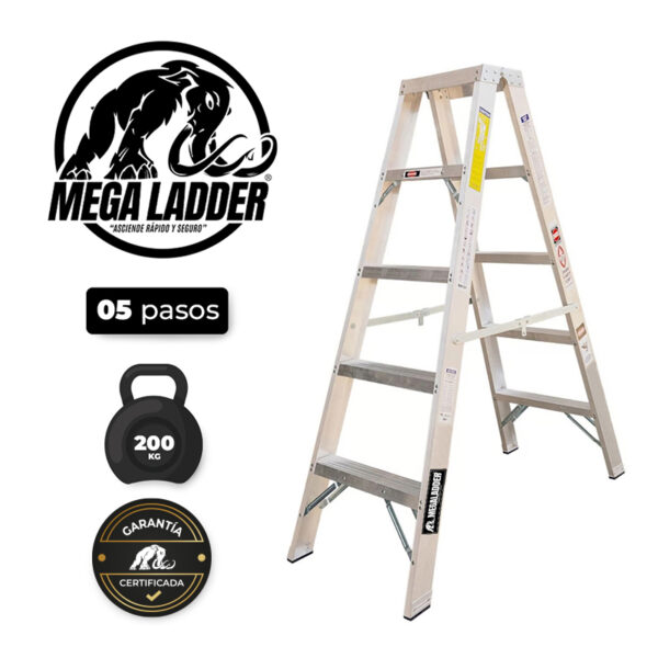 Escalera Doble Acceso en Aluminio 5 pasos Cap Carga 200Kg Mega Ladder