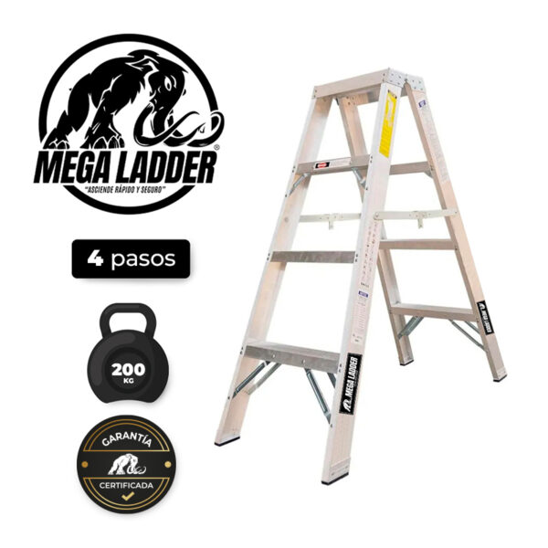 Escalera Doble Acceso en Aluminio 4 pasos Cap Carga 200Kg Mega Ladder